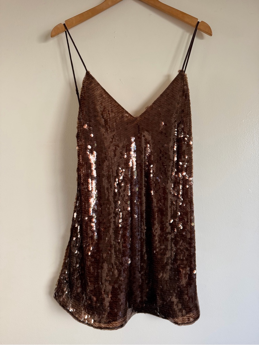 Retrofete Brown Sequin Slip Dress with Spaghetti Straps